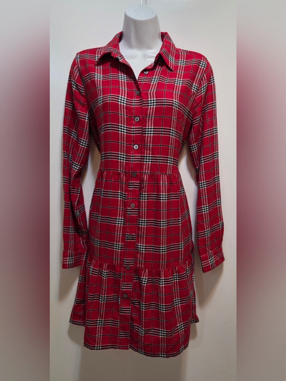 Ann Taylor LOFT red tartan plaid flannel tiered shirtdress.